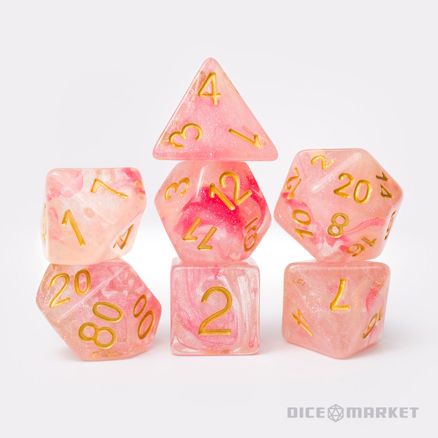 Apricot and Red Swirl Glitter 7pc Polyhedral Dice Set